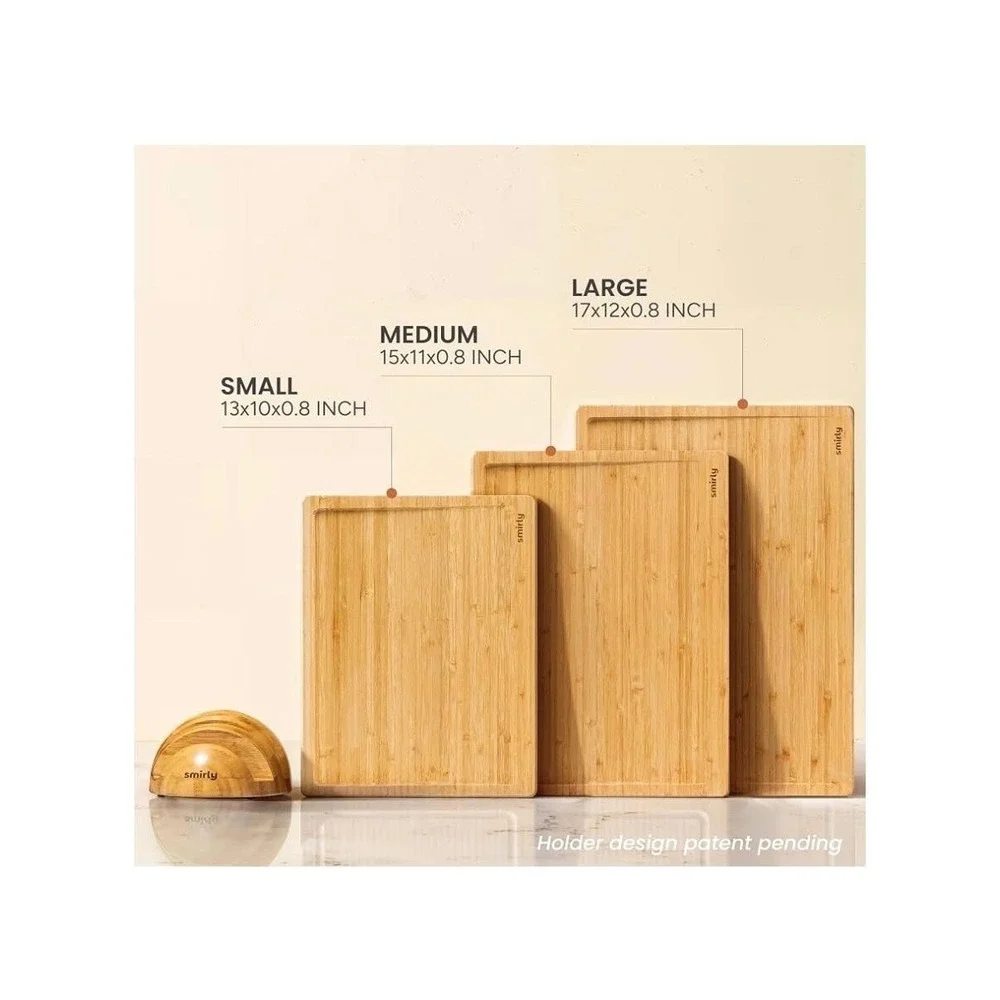 Smirly Non-Toxic Cutting Board Set 3 Piece Bamboo Juice Groove Stand Holder